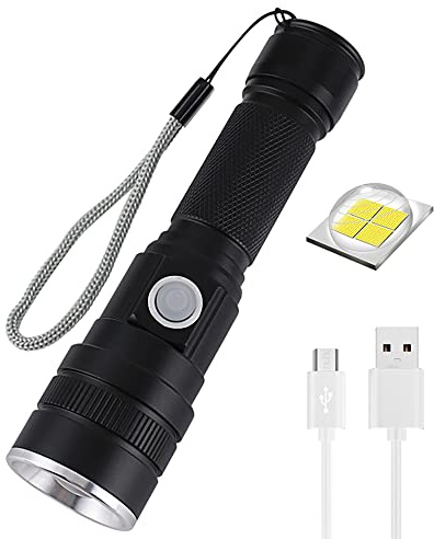 LED-ficklampa, USB-uppladdningsbara ficklampor, superljus 6 000 lumen P50-ficklampor, uppladdningsbar taktisk vattentät ficklampa med zoom för camping, vandring och nödsituationer (inbyggt batteri)