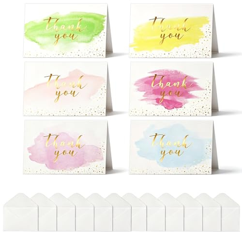 Paquete de 12 tarjetas de agradecimiento con sobres y pegatinas de agradecimiento, paquete múltiple de tarjetas de felicitación de agradecimiento de acuarela para boda, cumpleaños, baby shower