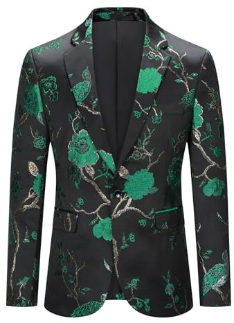 YOUTHUP Blazer de Hombre Ajustado Bordado Chaqueta de Traje de Hombre Monobotón Chic Blazers, Verde, XXXL