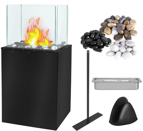 Froadp Bioethanol Kamin Freistehender Ethanol Standkamin aus Gehärtetes Glas und Edelstahl Bodenkamin Terrassenkamin mit Feuerlöschkappen und Ziersteine für Indoor und Outdoor Rechteck 35x18x80cm