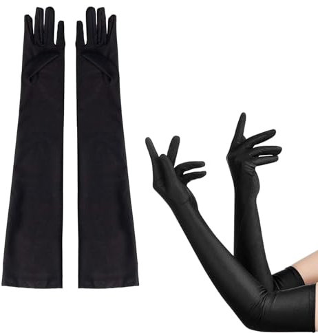 1 Paar Handschuhe Damen,Schwarze Lang Gloves,Handstulpen Satin Frauen Elegant Abendhandschuhe Lange,Schwarz Gothic Handschuh Stoff für Women Mädchen Halloween Abschlussball Kostüm Stoffhandschuhe