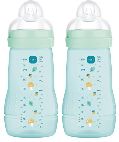 MAM Pack 2 Biberones, 2-4 Meses, 270ml, con Tetina 2 de Flujo Medio de Silicona de Fácil Aceptación, Fácil de Sostener, Fácil de Limpiar, MAM Easy Active, Azul Brillante, Pack de 2uds