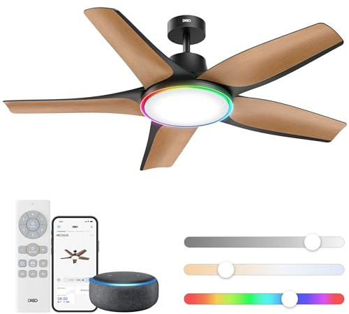 DREO Smart Ceiling Fans with Lights, Low Profile Ceiling Fan with Alexa/App, 52'' Dimmable Lighting & Color Tuning, RGB Ambient Light for Living Room, Game Room, Easy Installation, Quiet, Black