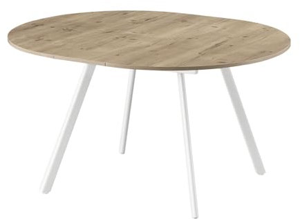 B&D home runder Esstisch LIV, ausziehbar Butterfly Klappeinlage 120-150cm für 4-6 Personen Küchentisch Holztisch Esszimmertisch Metallgestell weiß, Industrial modern Design, Sandeiche 11210-FW-EISA