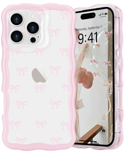 L-FADNUT Bow Case for iPhone 16 Pro, Curly Wavy Frame Cute Girly Ribbon Pretty Phone Case, Soft Wave Clear Slim Silicone Shockproof Anti-scratch Cover for Women Girl