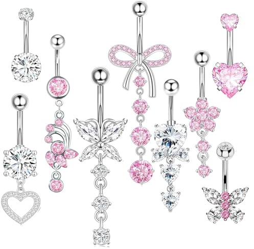 TELAIN Bauchnabelringe Set 9 pezzi, gioielli per piercing ombelico in acciaio chirurgico, con pendente (fiocco, farfalla, cuore, fiore), 14G
