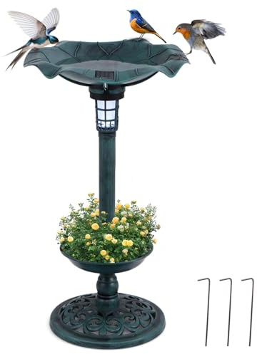 GOPLUS Bañera Solar para Pájaros de Exterior de 79 cm, Comedero para Aves con Pedestal Vintage y Base de Jardinera, Luz LED Solar, Robusto Marco Metálico (Bronce 2)