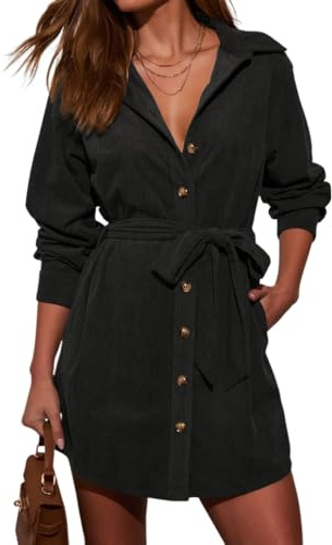 R.Vivimos Autunno Inverno Donna Manica Lunga Abito in Corduroy V Collo Bottone Giù Camicia Mini Abito con Tasche(L,Black)