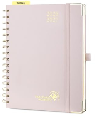 POPRUN Agenda 2026 2027 Semana Vista, Espiral Tapa Dura, A5 21 x 15,5 cm | 17 Meses, Ago.2026 a Dic.2027, 1 Semana 2 Páginas, Regla de Plástico, Papel 80 GSM, escolar, Rosa Claro