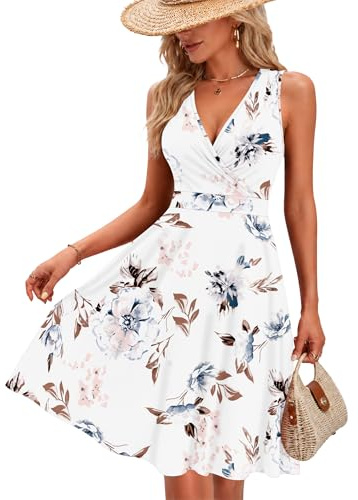AUSELILY Women Summer Dress V-Neck Sleeveless Ladies Dress with Pockets | Beach Dress Sexy Knee-length Wrap Dress Casual Mini Dress Elegant Dresses for Women Light and Breathable Dress Loose Fit