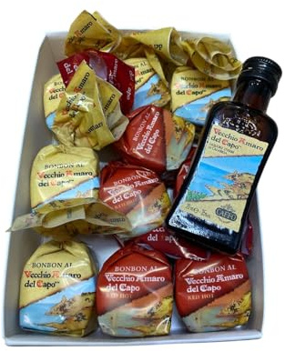 scatola idea Regalo natale 200g Cioccolatini praline Amaro del Capo e amaro del capo red assortiti con Miniatura Bottiglia 2 cl amaro capo