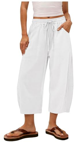 Pantalones Capri 3/4 Mujer Verano Lino Algodón para Playa Ocio Trabajo Diario Deportes Cintura Alta Elástica con Cordón y Bolsillos Pierna Ancha Casuales Cómodos Transpirables Ligeros y (White, M)