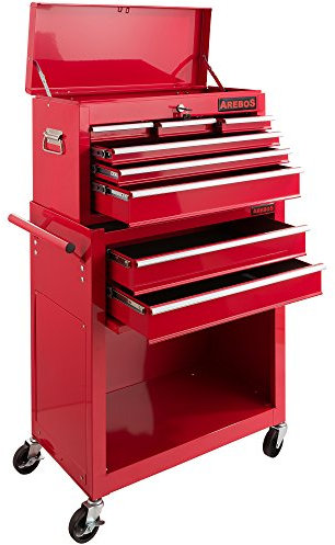 AREBOS Chariot d'atelier 9 Compartiments | Tapis antidérapants Inclus | Coffre Mobile et Amovible | Verrouillage centralisé | roulements à Billes | Freins de stationnement Inclus | Bleu-Noir