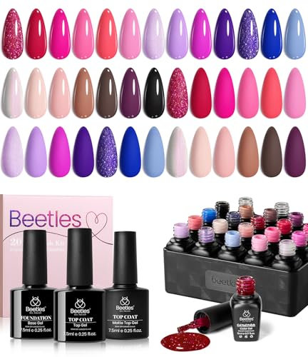 Beetles Gel Nail Polish Kit 20 Colors with 3Pcs Base Gel Glossy & Matte Top Coat Romance Rebellion Summer Trendy Pink Red Blue Purple Glitter Soak off Uv
