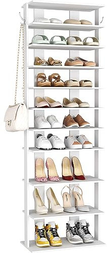 HOMEFORT 10-Tier Corner Shoe Tower - Double Rows, Slim Shoe Stand for 20 Pairs - Entryway, Hallway, Closet (White)
