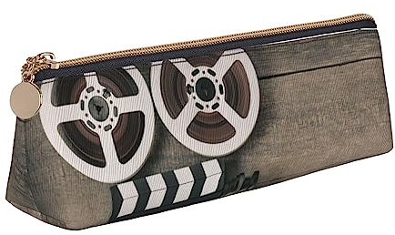 Old Movie Camera Print Leather Pencil Case Pen Pouch Triangle Waterproof Pencil Pouch with Zipper for Office