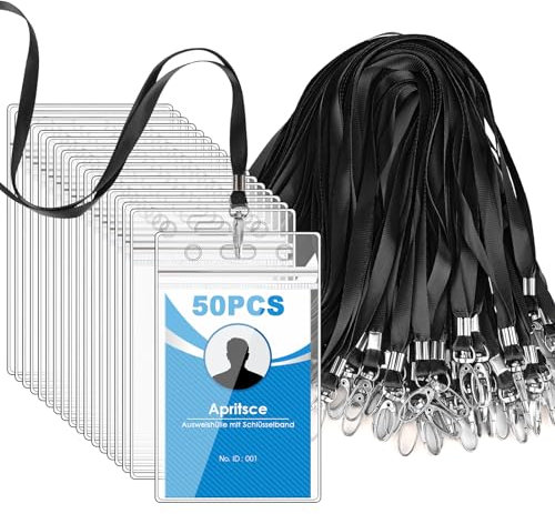 Ausweishülle Mit Band, Apritsce 50 Stück Vertikaler Kartenhalter Mit Schlüsselband, Wasserdichte Transparenter Ausweishülle, Schlüsselband Mit Kartenhalter Für Business, Ausstellung Und Büro (Schwarz)