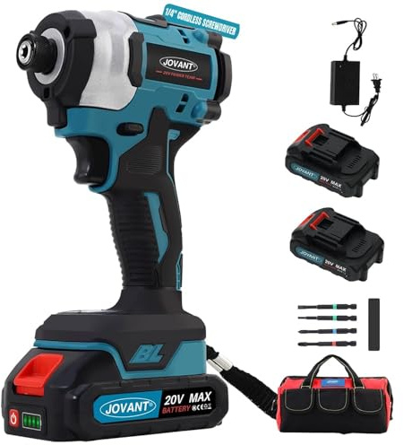 Cordless Impact Driver with 2x2.0Ah Battery and Charger, 100Ft-lbs(135N.m) Drill/Driver Set, 3200RPM Brushless 1/4 inch Hex Impact Screwdriver with Bit Accessories, 4+3 Speed, Led Light-JOVANT
