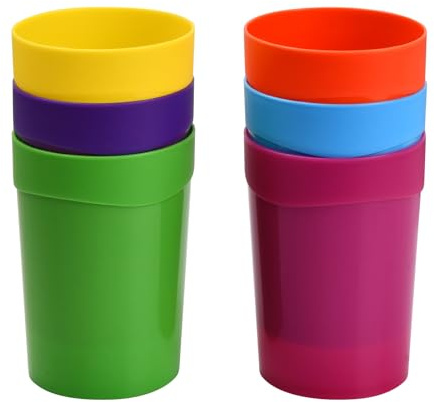 Minjuna 6 Pcs Reusable Plastic Cups, 400ML Plastic Drinking Cups Tumblers Set for Children Kids, Bright Multi Coloured Party Stacking Water Cups for Parties, Picnics, Camping, BBQ