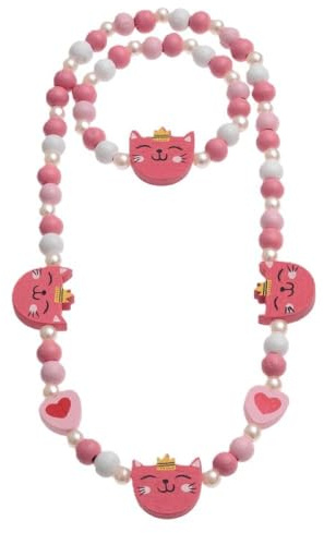 Children's Girls Kids Wooden Bead Stretch Necklace & Bracelet Set, Bunny, Cat, Owl, Flower Designs (Cats)