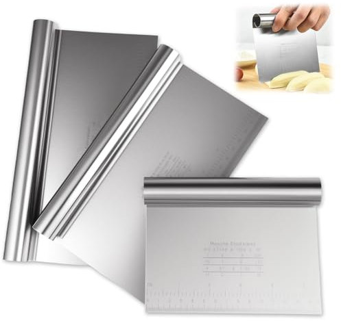 Pack of 3 Stainless Steel Dough Cards with Scale, 15/20/25 cm Multi-Purpose Dough Scraper, Pizza, Dough Cutter, Large, Vegetable Cutter, Professional Kitchen Spatula for Cake, Pizza, Cake, Cake, Dough
