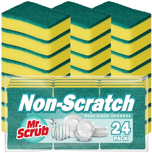 Mr. Scrub Sponges Kitchen Scrub Dish Sponge Scouring Pad, 24 Pack Cleaning Brush Scrubber Supplies for Soap, Dishwashing Dinnerware Sets Pan Pot Towels Cloth Rags Holder Glass Dishwasher Sink Bathroom