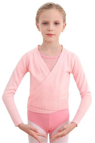 Fjquamitix Girls Ballet Wrap Top Kids Soft Stretchy Dance Cardigans Knitted Crossover Adjustable Tie Waist Long Sleeve Sweater For Ballet Dance Daily Wear (Pink, 130)
