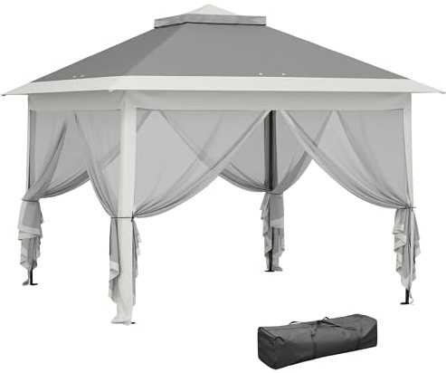 Outsunny Carpa Plegable 3,3x3,3 m Pop-up, Cenador de Jardín con Altura Ajustable 3 Niveles, Doble Techo, 4 Mosquiteras Extraíbles y Bolsa Transporte, Impermeable, Anti-UV para Exterior, Gris Oscuro