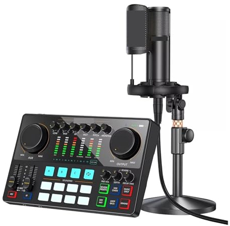 Kit de equipo de podcast con tarjeta de sonido de estudio y micrófono de condensador XLR, interfaz de audio para grabación, transmisión y producción de música