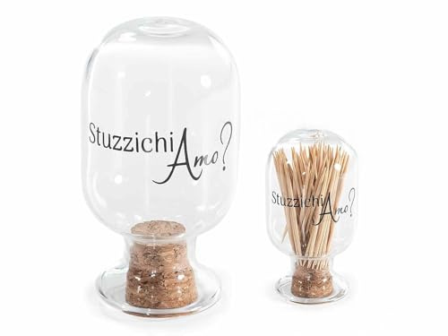 Generico Portastuzzicadenti in Vetro con Tappo in Sughero – Dispenser Stuzzicadenti da Tavola – Contenitore Elegante con Scritta “Stuzzichiamo?” – Confezione Regalo