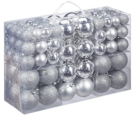 Relaxdays Palline di Natale, Set 100, Addobbi Natalizi, Opache, Lucide, Glitterate, ∅ 3,4 e 6 cm, Decorazioni, Argento