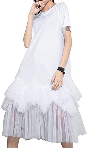 ellazhu Women's Casual Short Sleeve Crew Neck Tutu Tulle Dress with an Oversized Fit GY2266 White
