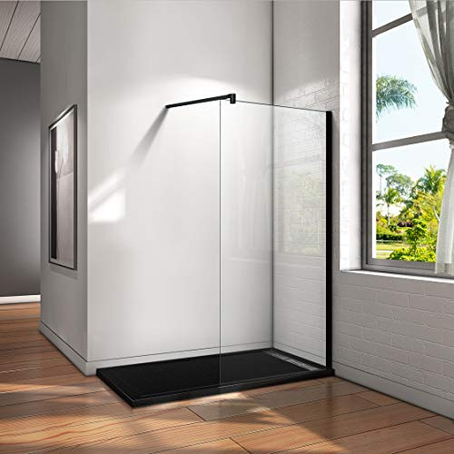 Mamparas de Ducha Pantalla Panel Fijo Vidrio laminado de film seguridad a prueba de explosiones 8mm Perfil Negro Mate Barra 140cm,90x200cm