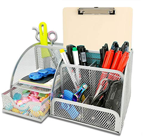 KEPEAK Rangement de Bureau Multifonctionnel, Organisateur de Bureau en Filet Simple avec Tiroir Coulissant, Porte-Stylo Peu Encombrant (Gris)