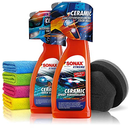 SONAX Xtreme Ceramic Quick Detailer + Spray Versiegelung Auto Lackpflege Set 2x750ml + ChemicalWorkz Hand Wax Applikator + Shiny Freaks Allzweck Mikrofasertücher | 7-teiliges Lackpflege Set