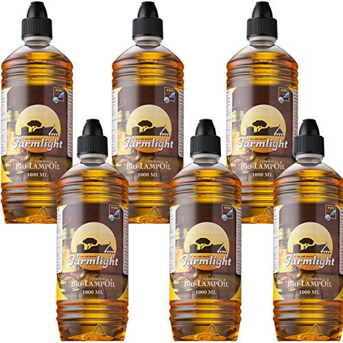 Farmlight Bio Olio di Citronella – 6x1L Olio per Lampade & Torce da Giardino – Naturale, Per Atmosfera Piacevole all’Aperto, Senza Fumo & Senza Odore – Per Esterni & Campeggio