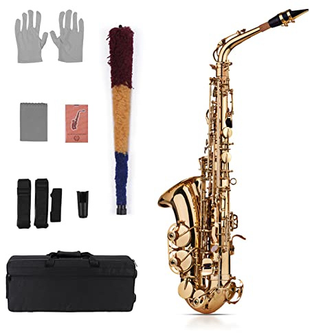 Btuty Eb Alto Saxophone Sax Brass Lacquered Gold 802 Key Type Woodwind Instrument with Padded Carry Case Gloves Cleaning Cloth Brush Sax Straps Reeds