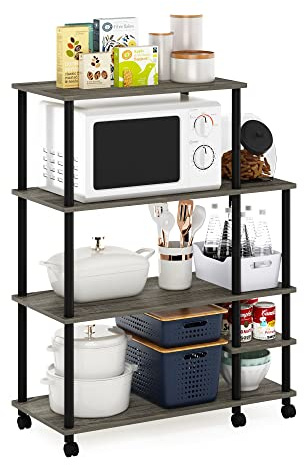 Furinno TURN-N-TUBE Bakers Rack with Wheels, 4-Tier Kitchen Storage Cart, Kitchen Cart, Coffee Bar, Pantry Organizers and Storage, French Oak Grey