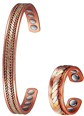 Set di gioielli in rame puro per la terapia magnetica dell'artrite, bracciale e anello per la terapia magnetica del drenaggio linfatico per alleviare l'artrite e l'emicrania (3500 gauss) (F)