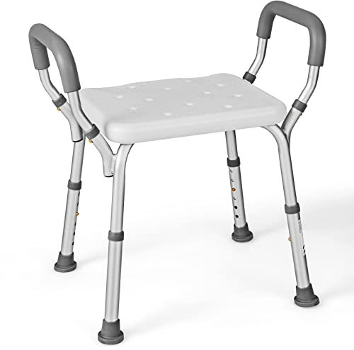 RELAX4LIFE Tabouret de Douche Antidérapant Réglable en Hauteur 54-67 CM, Chaise de Douche/Bain en Aluminium avec Accoudoirs, Siège de Douche Adulte pour Âgés Handicapés Enceintes (Gris)