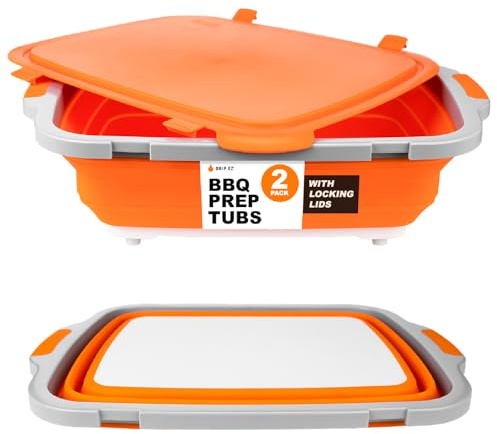 Drip EZ Collapsible BBQ Prep Tubs 2-Piece Set- For Meal Prep Marinating Food Storage - Includes Cutting Board & Lid - (2) XL - Orange
