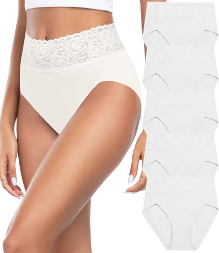 Wealurre Culotte Femme Taille Haute Coton Doux Slip pour Femmes Dentelle Élastique sous-Vêtements Lot de 5, Blanc crème, XL