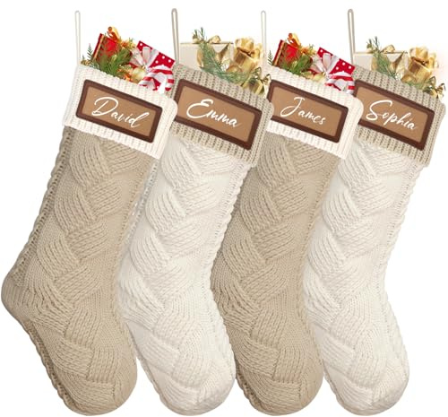 Dremisland Calcetines Navidad Personalizado Medias Navideñas de Tejida con Nombre Botas Medias de Navidad Grande Colgar Calcetines Navideños Papá Noel Christmas Stocking para Chimenea Decoración