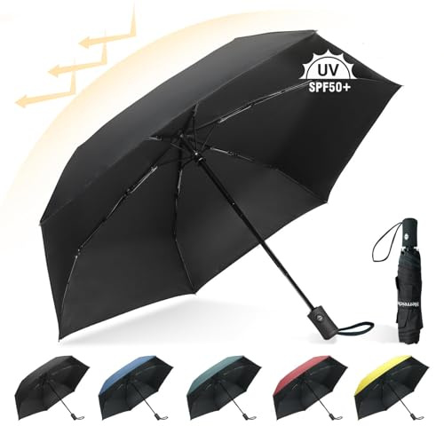 Herreicher Paraguas de viaje automático, compacto, plegable, portátil, protección UV, paraguas ligero, 98 cm de envergadura, 6 costillas, 210T, protección UPF50+, para adultos y niños, color negro