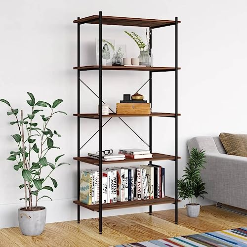 Scaffale con 5 ripiani, colore nero e naturale, 80 x 40 x 163 cm, robusto scaffale per libri, documenti, decorazioni, materiale in legno, metallo, versatile in ufficio, soggiorno e garage