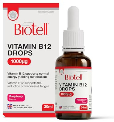 Biotell Vitamin B12 Liquid Drops 1000mcg per 1ml – Food Supplement – Vegan – Dropper Bottle – Raspberry Flavour – 30ml
