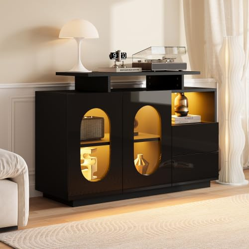Cómoda con cajones, aparador negro con iluminación LED y puertas de cristal ovaladas, armario para TV con frontal brillante, vitrina y bar para salón y comedor, 120 x 40 x 80 cm