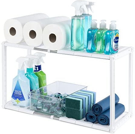LIVIVO Under Sink Storage Caddy - White Adjustable and Extendable Multi Purpose Kitchen Bathroom Under Sink Rack Shelf Organiser Storage Tidy (White)