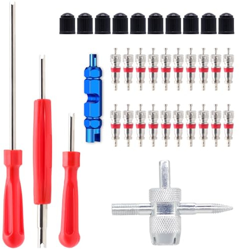ZHSMS Valve Stem Removal Tool - 20Pcs Valve Cores, 10Pcs Tire Valve Caps, 4-Way Valve Tool, Valve Core Remover Tool