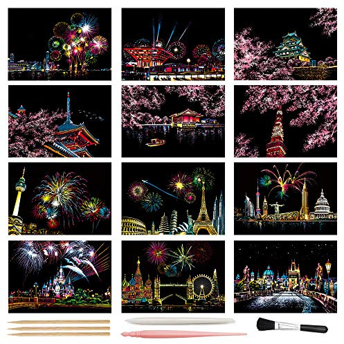 Scratch Art Paper, Rainbow Night View Scratchboard Pads for Adults and Teens, Mini Envelope Postcard Art & Crafts Set: 12 Sheets Scratch Cards & Scratch Drawing Pen, Brush 7.9x5.5 (Fireworks Series)
